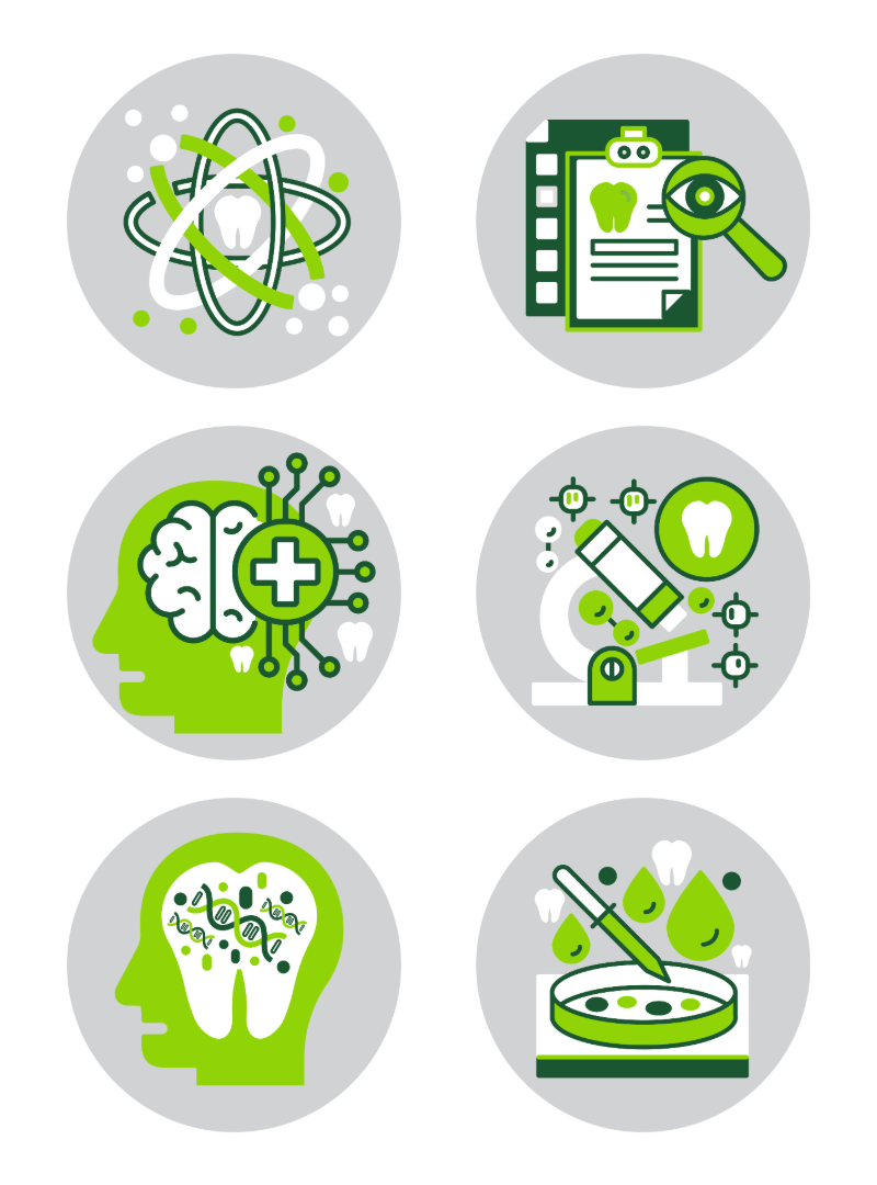 Six icons with a grey background representing the six research themese at UAB School of Dentistry